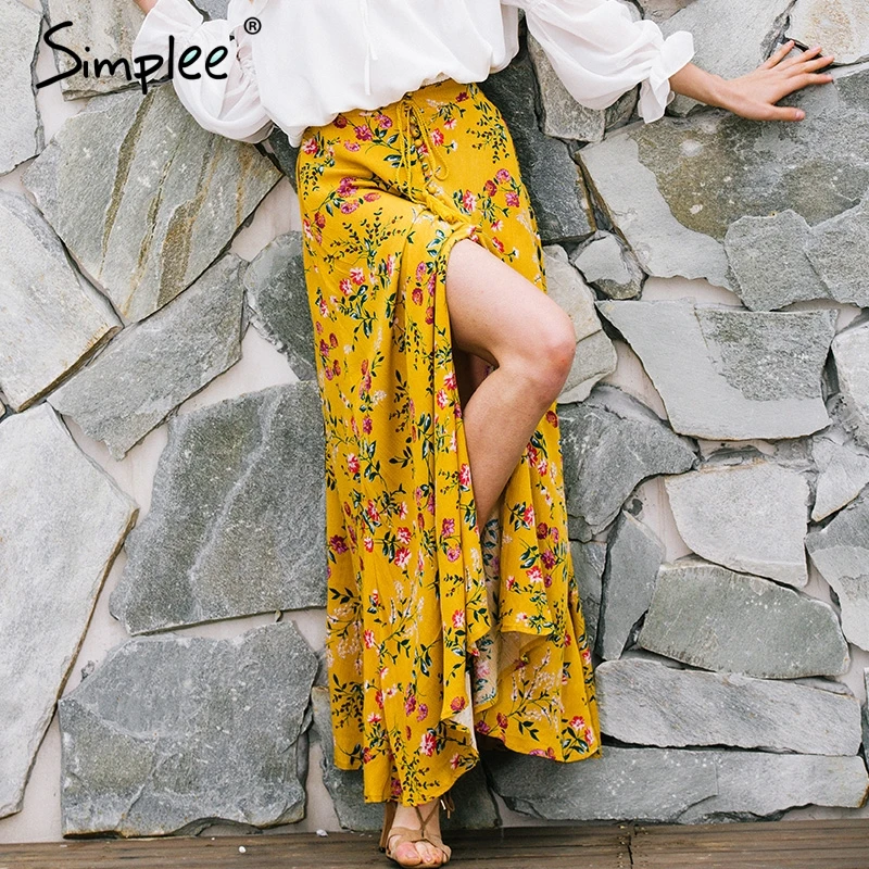 Simplee Boho стиль цветочный печати длинные юбки женские топы 2017 летний пляж макси