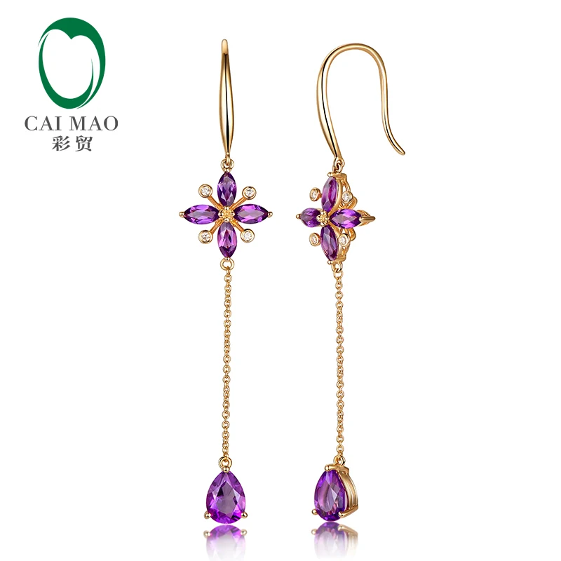 Caimao 2.45ct Фиолетовый аметист алмаз Висячие 14K желтое золото висячие серьги для женщин