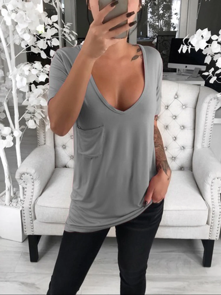 Женская футболка с короткими рукавами и v образным вырезом длинная базовая