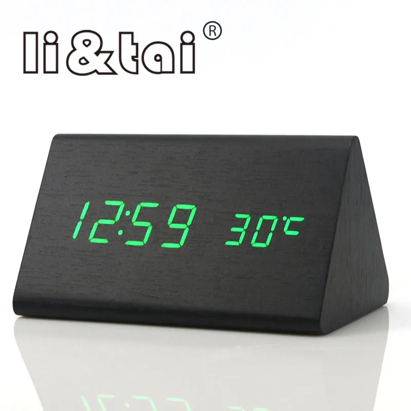 

Triangle Wooden Digital Alarm Clock Calendar Thermometer Sound Control Home Office LED Display Electronic Desktop Table Clocks
