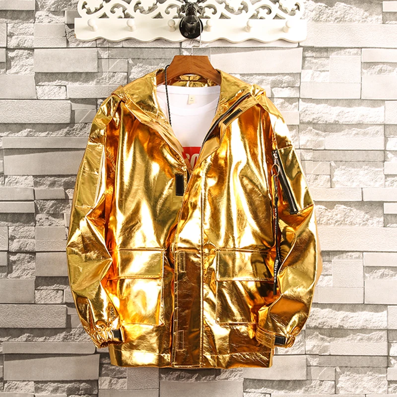 

Golden Silver Fashion Men Jacket Punk Style Solid Loose Personality Costumes Nightclub Bar Singer DJ Dancer Performance Coats