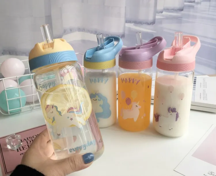 Стеклянная бутылка для воды в виде единорога с соломинкой и ручкой для переноски, герметичная крышка для девочек, для путешествий, для чая, без бисфенола, розовый, 500 мл