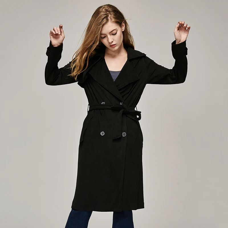 Осеннее Женское пальто ESCALIER длинное облегающее замшевое с поясом и отложным