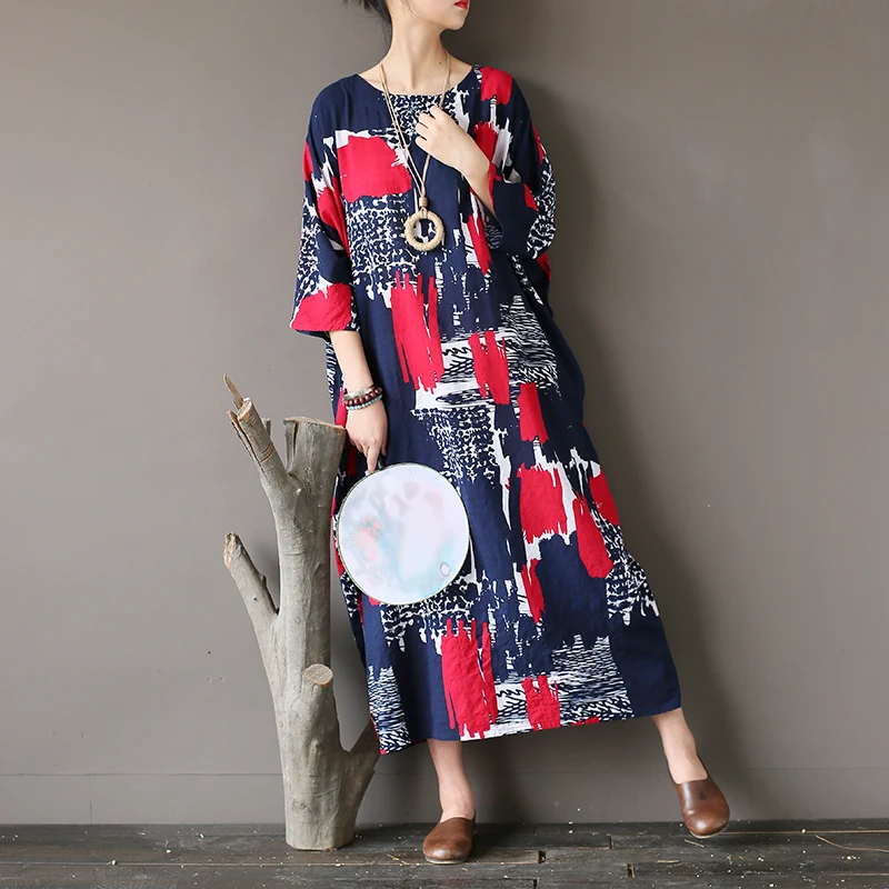 Yesno js4 Для женщин Свободные Длинные Printed Shift Dress Повседневное 100% хлопок кимоно с