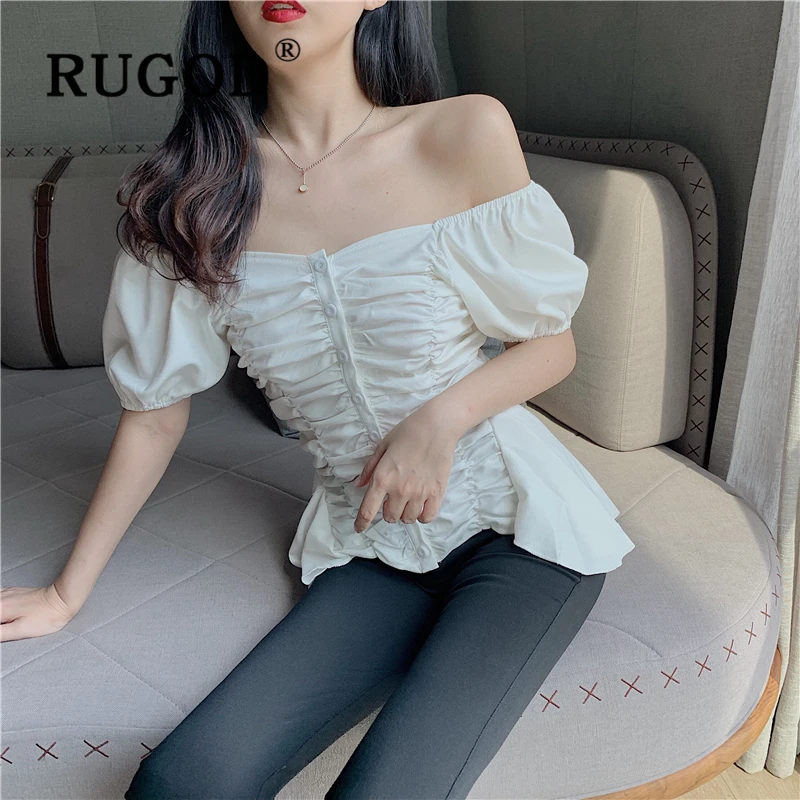RUGOD Корейская женская блузка с открытыми плечами элегантные плиссированные
