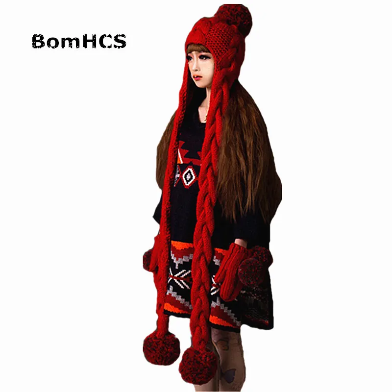BomHCS Red Beanie with Scarf + Gloves (2PCS SUIT) Cute Women Winter Warm Handmade Knit Hat Caps