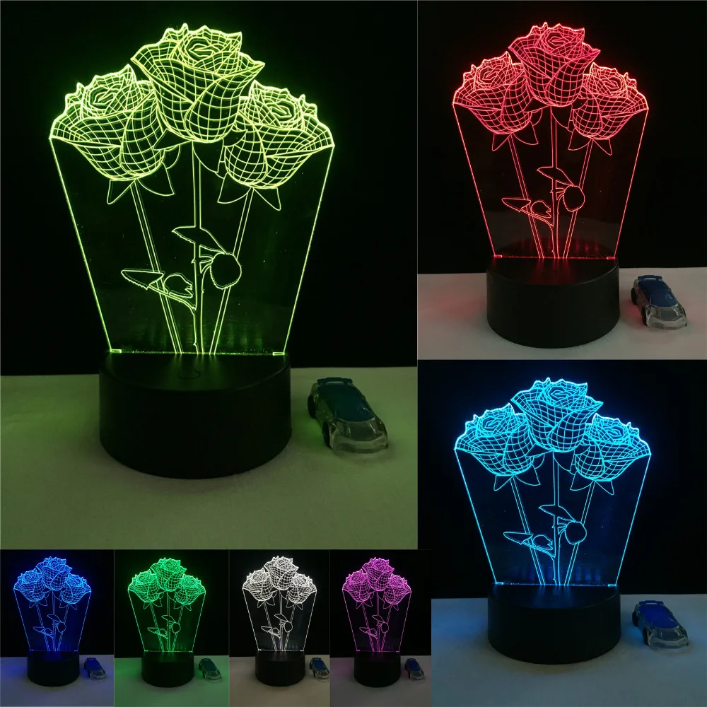 Три романтических розы 3D светодиодный ночник RGB 7 цветов новая настольная лампа
