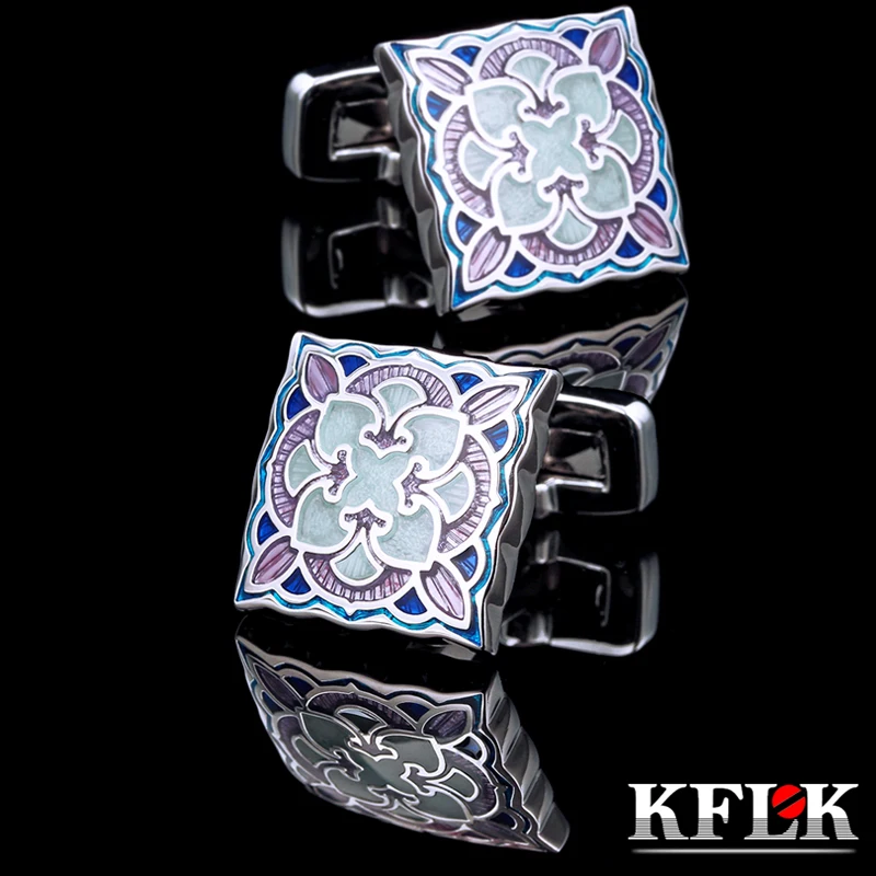 

KFLK Jewelry shirt Fashion cufflinks for mens Brand Blue enamel cuff links Luxury Wedding Button Male High Quality guests