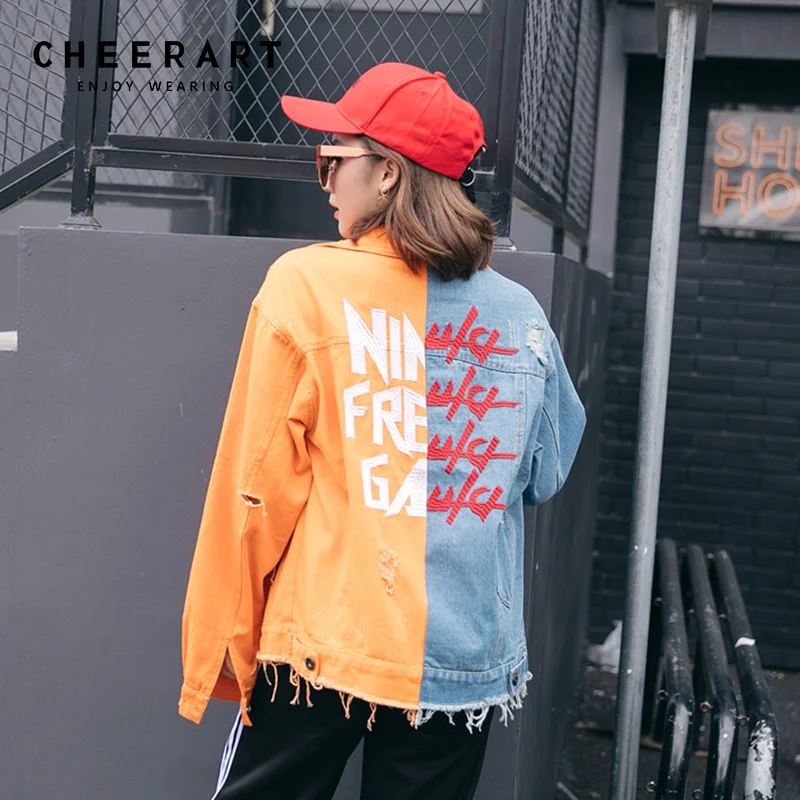 Женская джинсовая куртка Cheerart рваная с длинным рукавом пальто уличная одежда