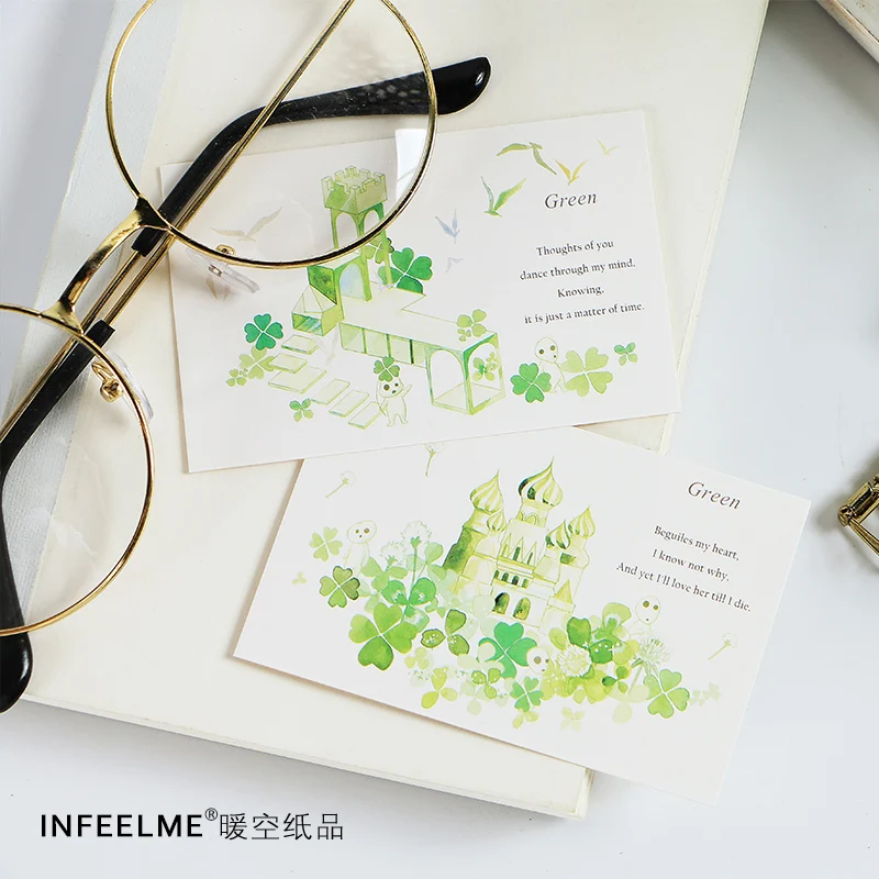 Green 28Pcs  LOMO card DIY cute creative fun greeting blank message mini postcard student stationery office supplies | Канцтовары для