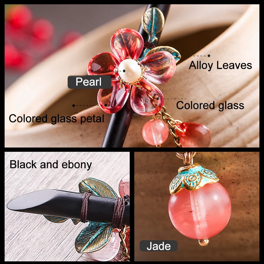 Ethnic Tassel Handmade Hair Sticks Black And Ebony Alloy Leaves Red Colored Glass Petal Pink Stone Female Accessories FZ-18007 | Украшения