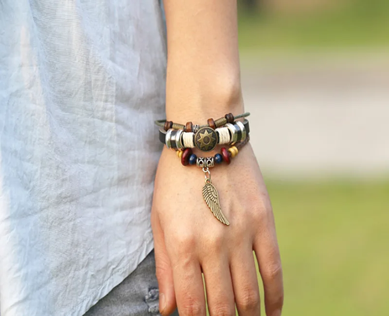SH-5 Angel Wings Pendants Leather Bracelets Multilayer Beaded Fashion Summer Gifts For Friends Burst Models | Украшения и
