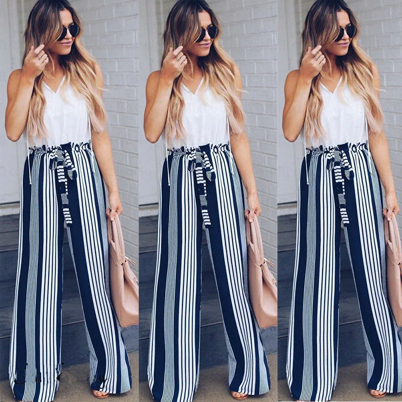 

Fashion Women Striped Wide Leg Trousers Ladies Plain Flared Casual Loose Pant Beachwear Drawstring Pants