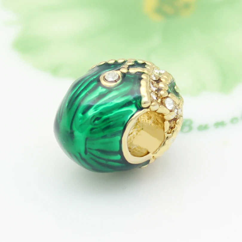 Бусины с большими отверстиями 5 мм зеленые эмалевые белые стразы Очаровательные