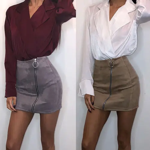 

Women Ladies High Waisted Summer Pencil Skirt Bodycon Suede Skirts Zippers Ring Leather Mini Skirt Club