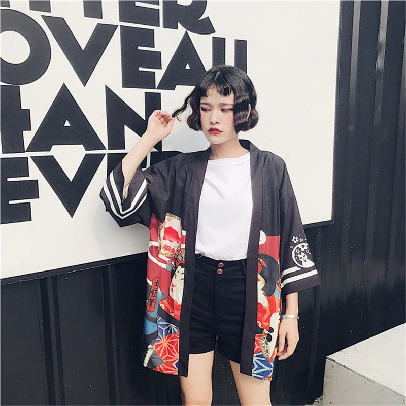 Японское Женское пальто свободный жакет кимоно кардиган с рукавом три четверти