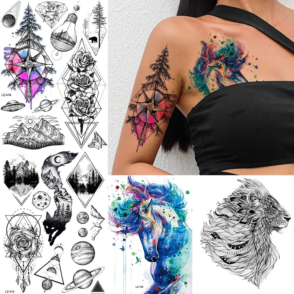 

Creative Unicorn Horse Large Fake Waterproof Tattoos Stickers For Women Arm Art Temporary Tattoo Custom Body Tatoo Men Star