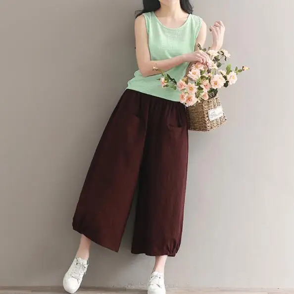 Woman Trousers Cotton Linen Pants Loose Wide Leg Elastic Waist Vintage Womens Harem Thin DV883 | Женская одежда