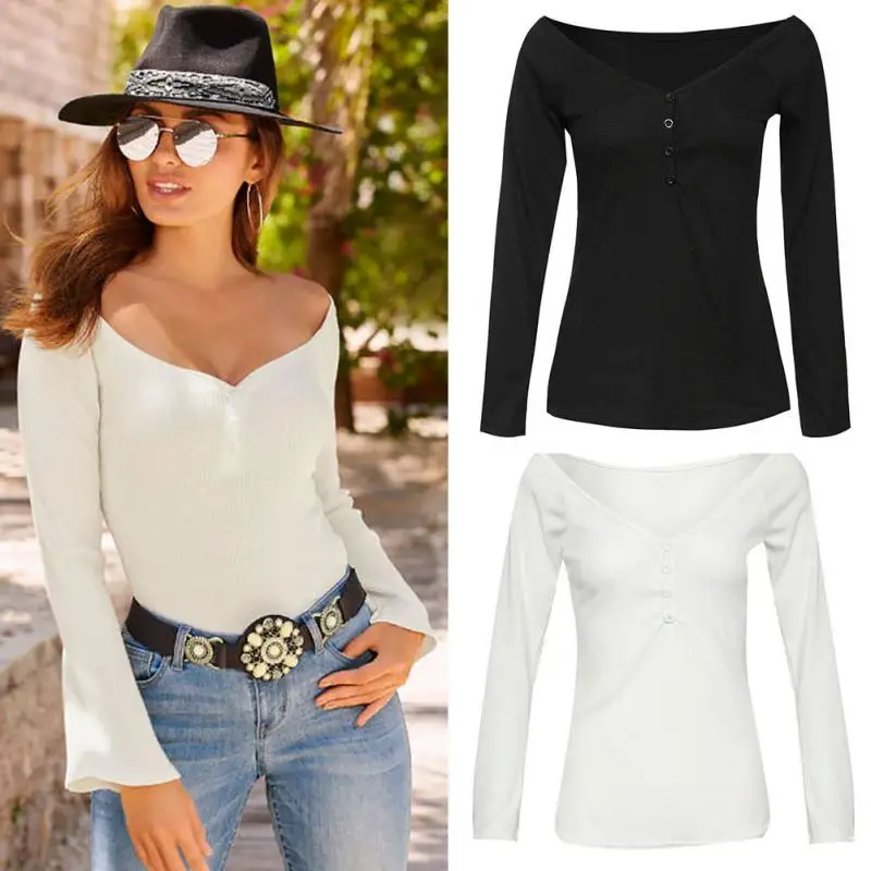 Демисезонный Для женщин футболки с длинным рукавом v-образным вырезом боты-вниз