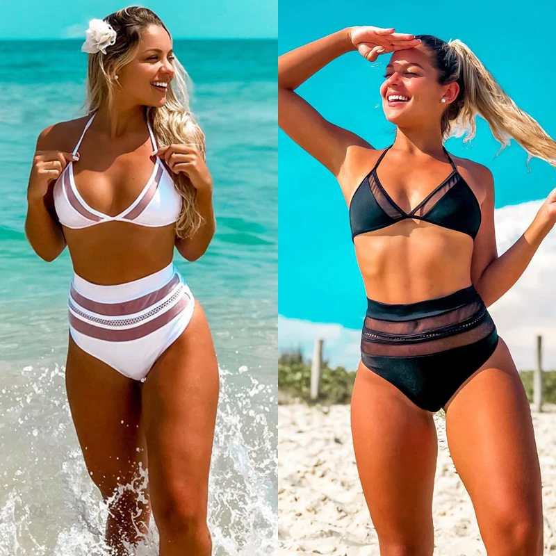 Женский бандо бандаж бикини набор высокая талия сетка патч Холтер купальник