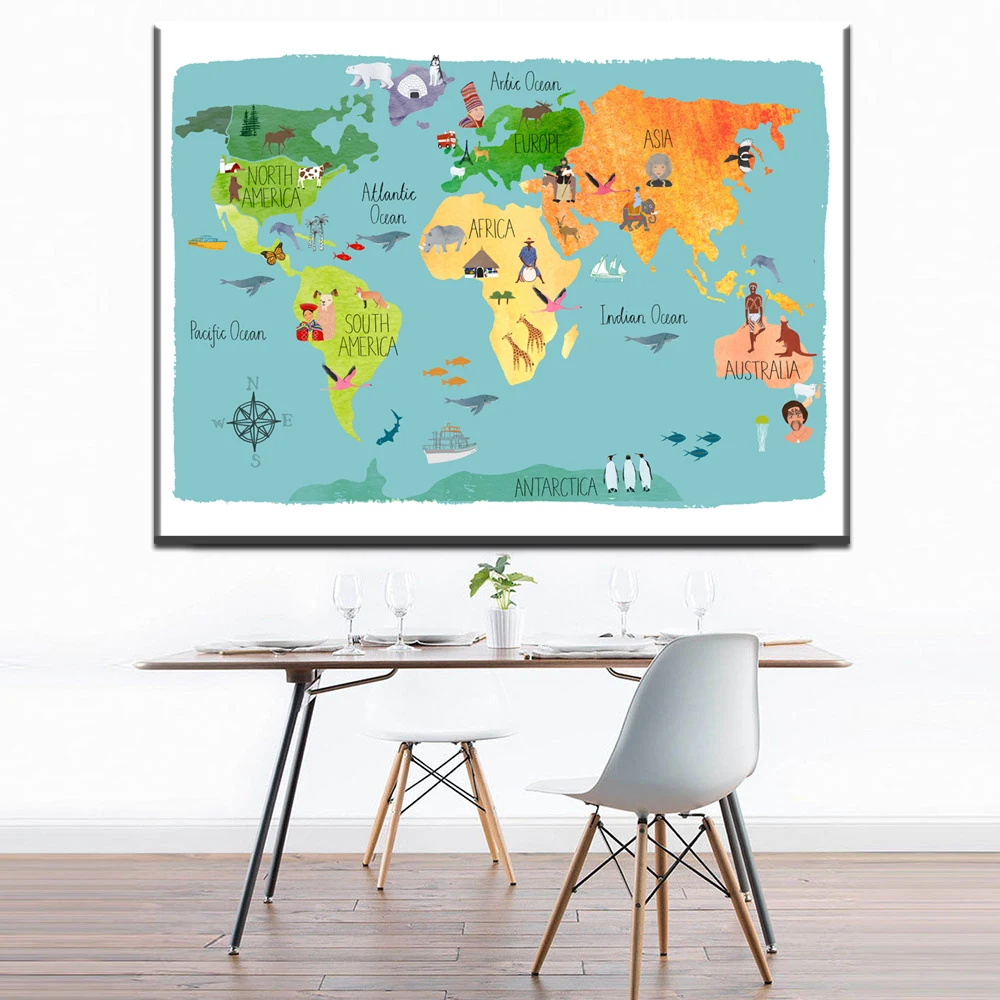 Xdr664 Скандинавская детская кавайная карта мира с мультяшными животными Картина