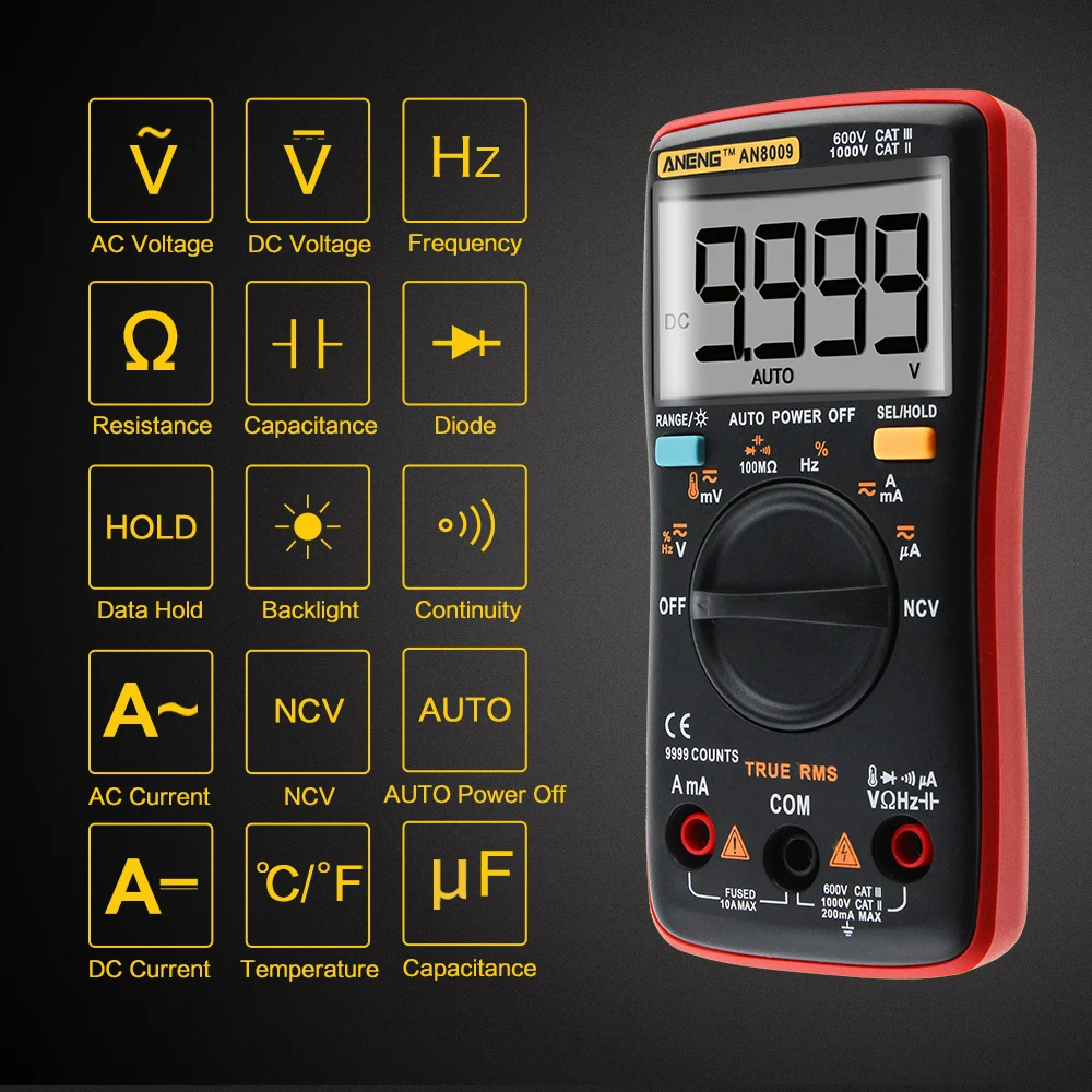 

120pcs/lots AN8009 Auto Range Digital Multimeter 9999 counts AC/DC Ammeter Voltmeter Ohm Transistor Power multi meter Test