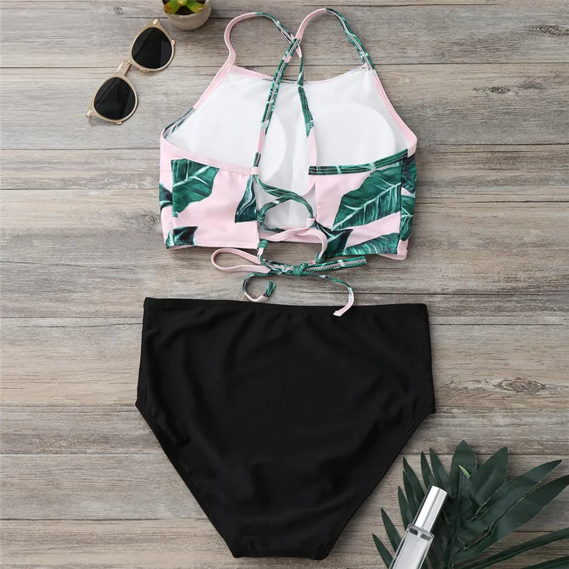 Женский слитный купальник с высокой талией и принтом в виде листьев вырезом на