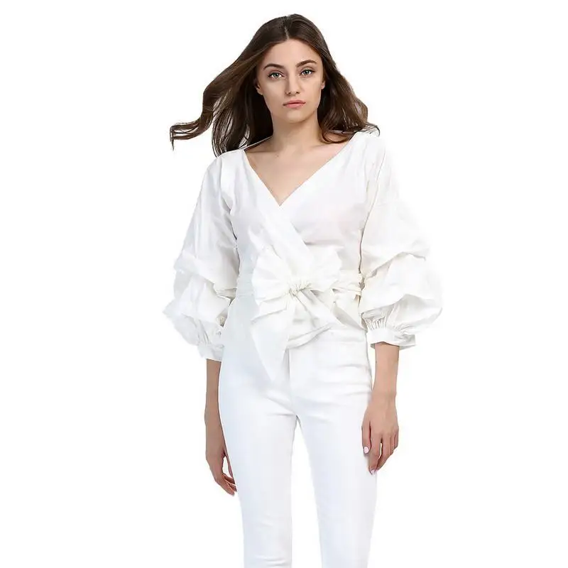 Женская модная блузка с оборками v образный вырез элегантные топы одежда Рубашки