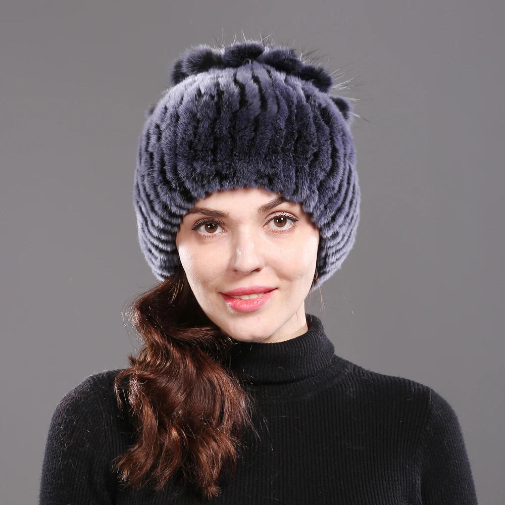 Горячая Распродажа Настоящий мех кролика Skullies Beanies шапки женские зимние теплые ручной работы вязаная шапка из меха кролика рекс с натуральным лисьим мехом шапка