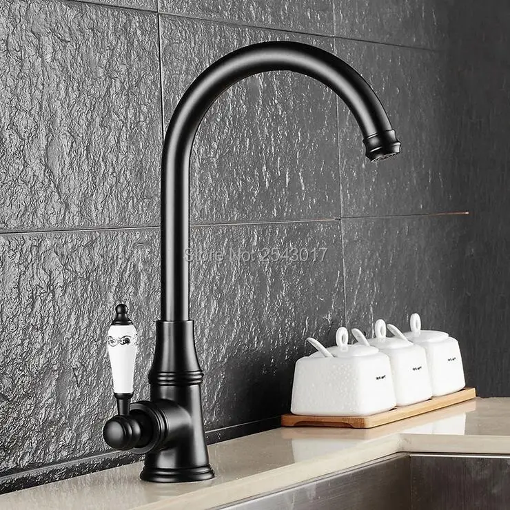 

Bathroom Basin Faucets Hot and Cold Mixer Taps Black Bronze Ceramic Handle 360 Swivel Spout Basin Vessel Sink Mixer Taps ZR352