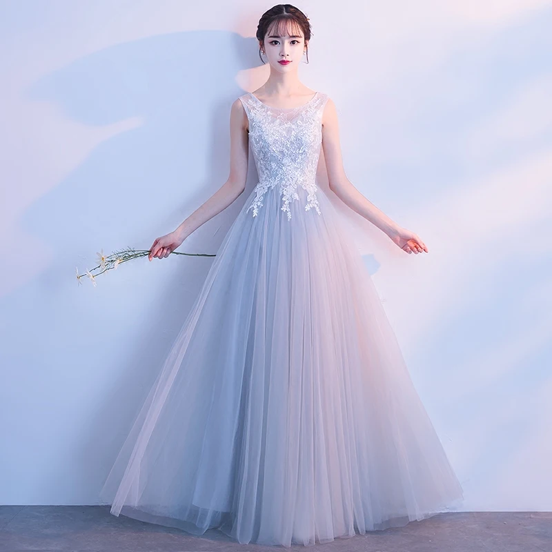 Женское длинное платье для свадебной вечеринки серебристо серое кружевное