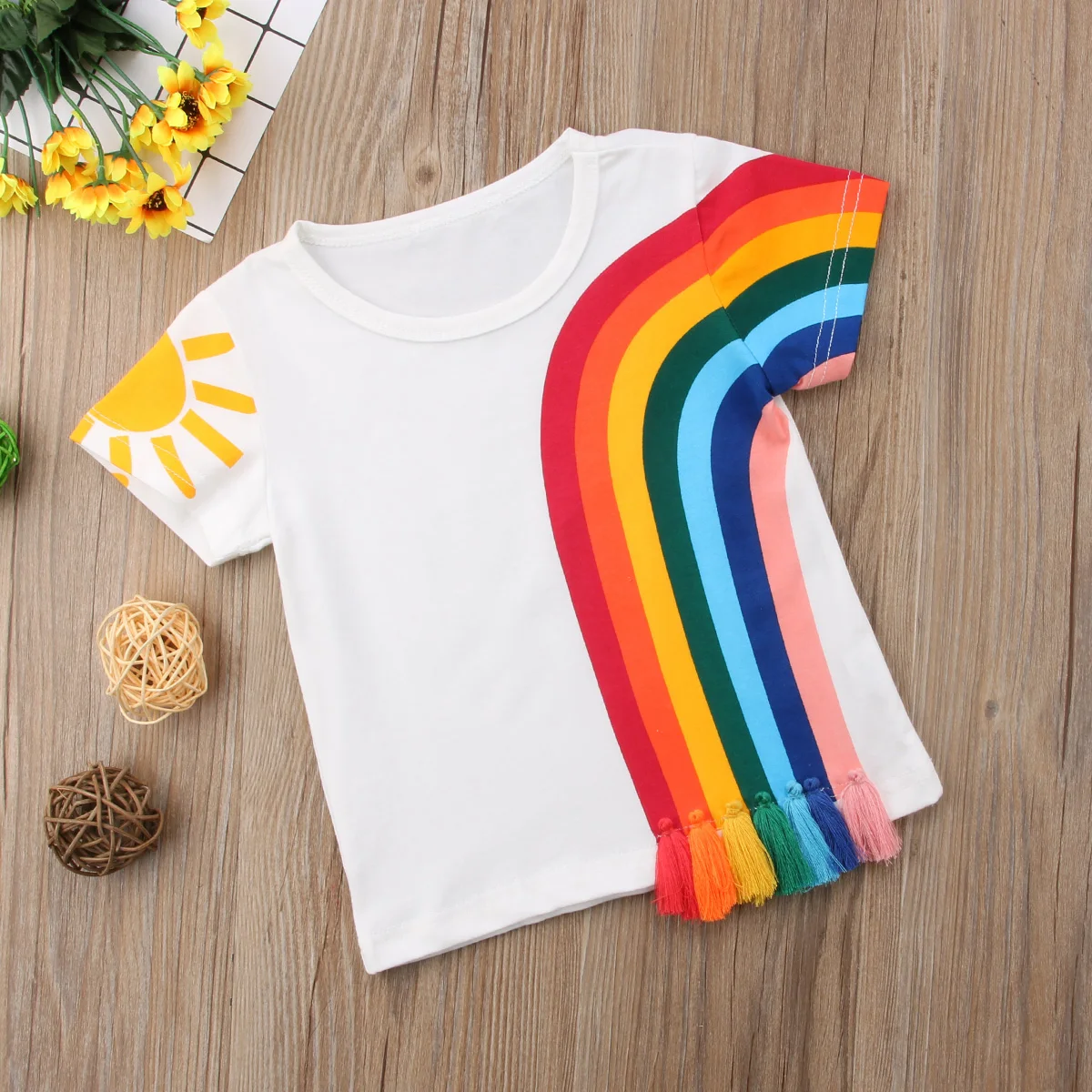 

Fashion Kids Baby Girls Casual Rainbow Print Tassel Patchwork Cotton T-shirt Tops Clothes Summer Casual Short Sleeve Clothing