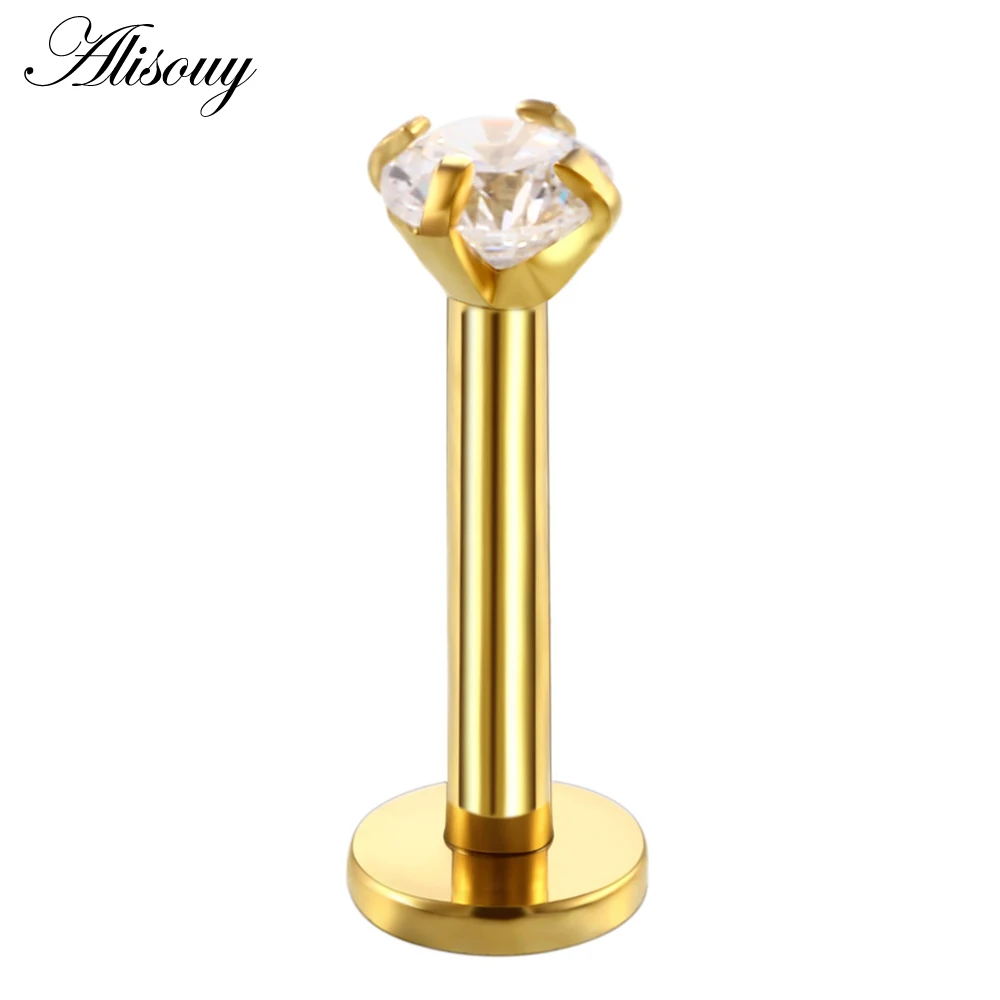 Gold Clear Alisouy 1 шт. 16G 6/8 мм круглый прозрачный камень пирсинг Лабрет Спиральные серьги пирсинг плоский нос кольцо Козелка хряща пирсинг - Окраска металла: Gold Clear
