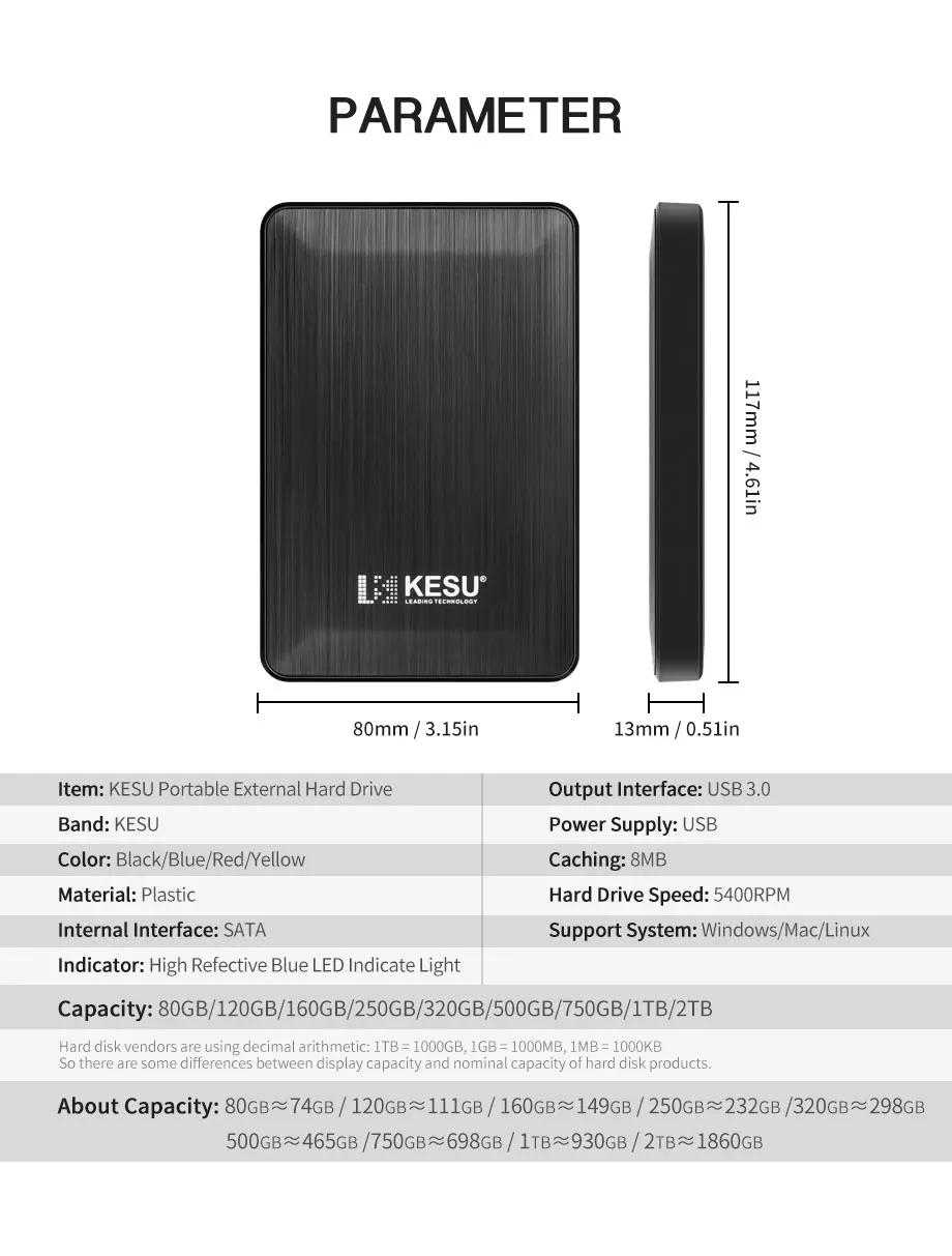 Кесу 1 ТБ USB 3,0 2," внешний жесткий диск HDD 2 ТБ 500g высокого диско для внешних HDD usb запоминающее устройство usb флэш-накопитель 500 Гб 250 г
