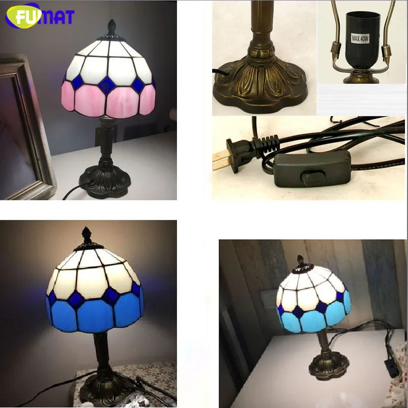 Настольная лампа FUMAT Tiffany, светодиодный, E27, витражный, стеклянный, для спальни, синий, Настольный светильник, 7 дюймов, для американских детей, для свадьбы, для дома, деко, прикроватная лампа