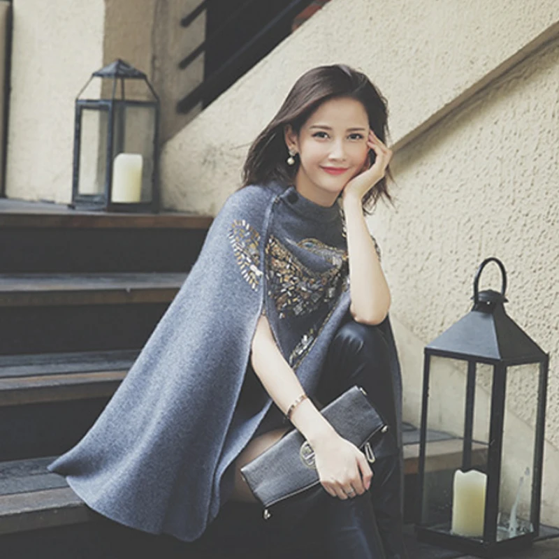 Женское пончо-пуловер осенне-зимнее толстое пальто-свитер с блестками Осень-зима