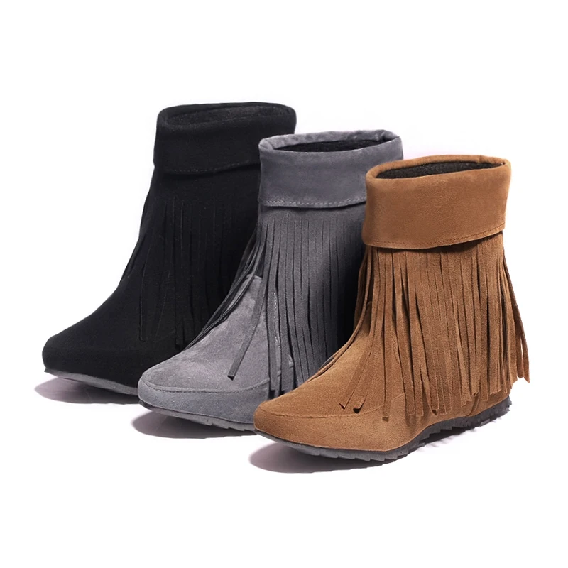 Winter plus size 11 12 13 14 15 16 Flock fashion Fringe Height Increasing Ankle Med Heels Boots Snow | Обувь