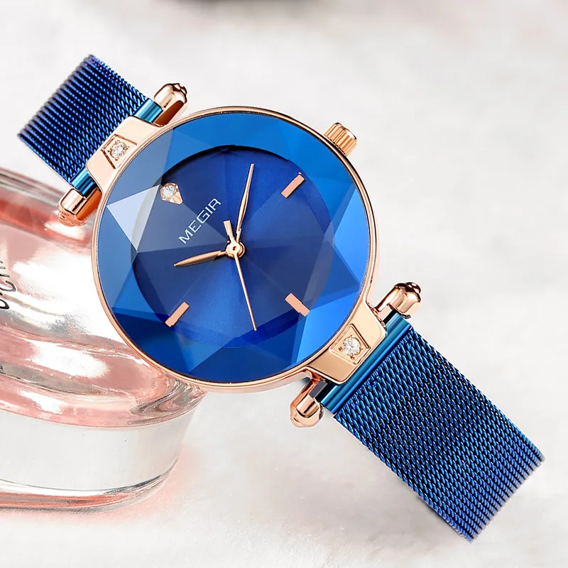 MEGIR роскошные женские часы Reloj Mujer синие сетчатые из нержавеющей стали элегантные