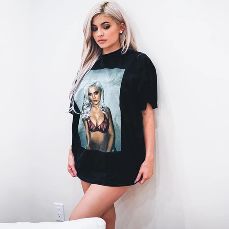 Черная Женская футболка Kyliejenner с принтом 2019 модные сексуальные свободные