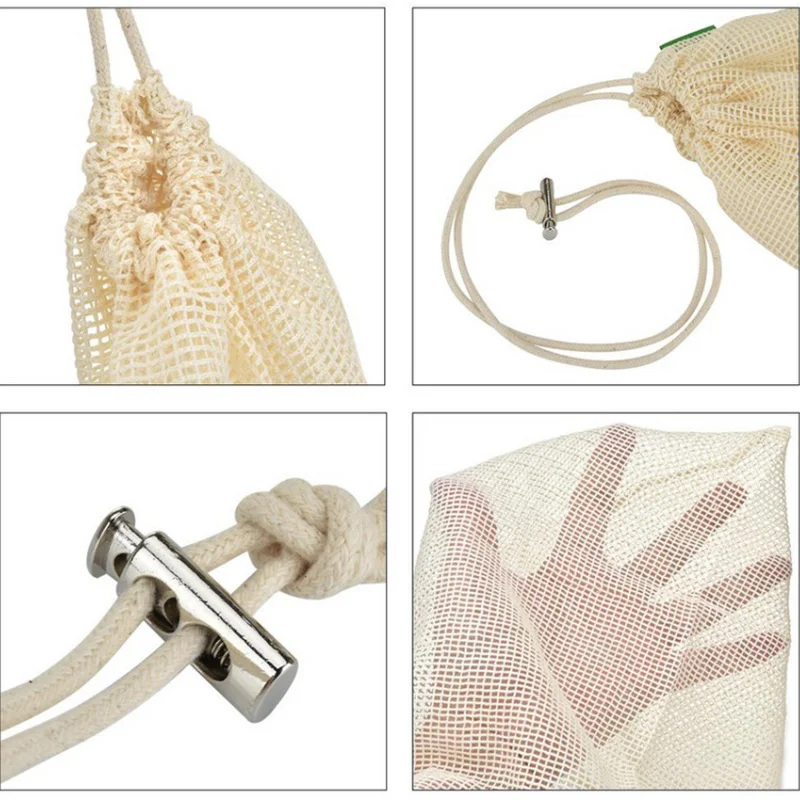 3 Sizes Reusable Natural Cotton Mesh Produce Bags Home Kitchen Drawstring Shopping Bag Fruit Vegetables Storage | Дом и сад