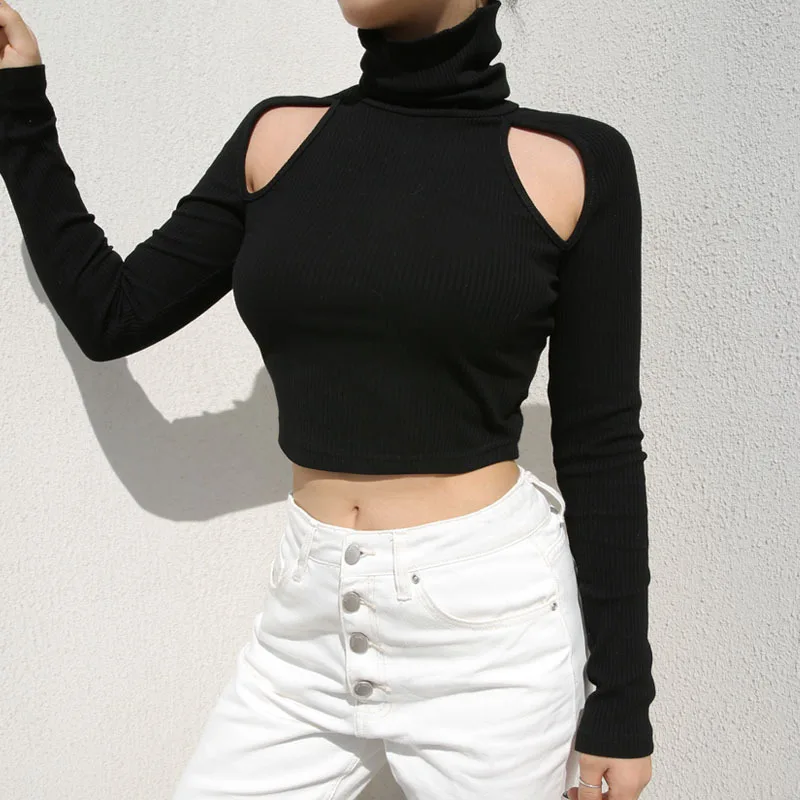 Unicorn Rushed Full Tumblr New Autumn And Winter 2019 High Collar Long-sleeved Hollow Women's Thin Section Backless T-shirt | Женская