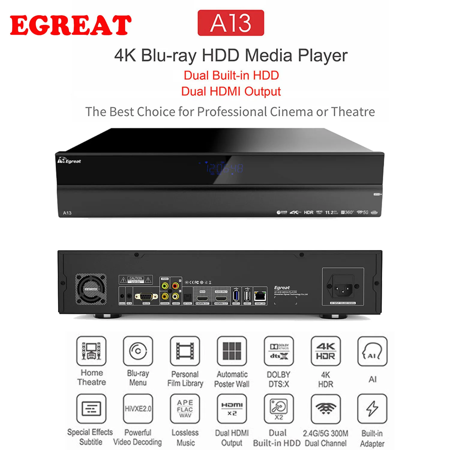 Высококлассный Egreat A13 4 K Ultra HD Smart медиаплеер Android tv Box BT4.0 2,4G/5G WiFi с 2x3,5 дюймов HDD лоток Dolby Atmos