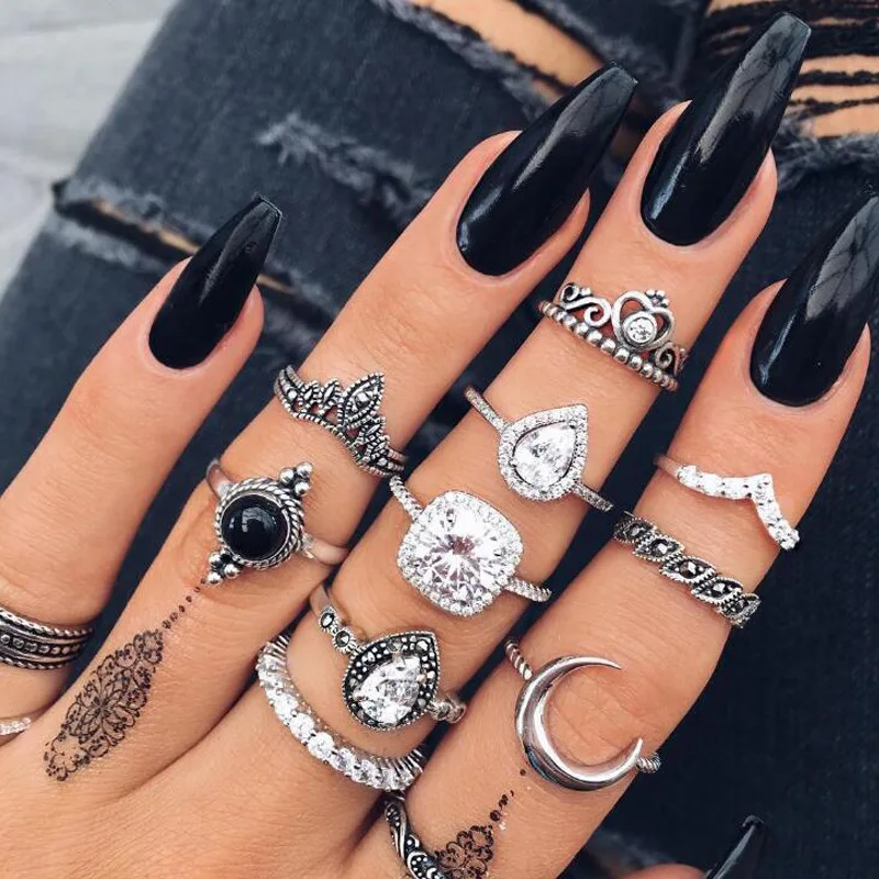 

10pcs of pack vingate knuckle rings for women with water drop/crown inlay rhinestone acrylic gem design female knokkels rings