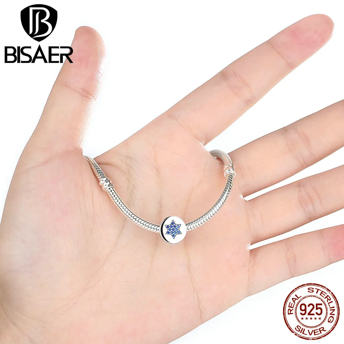 BISAER Genuine 100% 925 Sterling Silver Blue Faith Round Charms fit Bracelets Women Beads &amp Jewelry Makings SC105 | Украшения и
