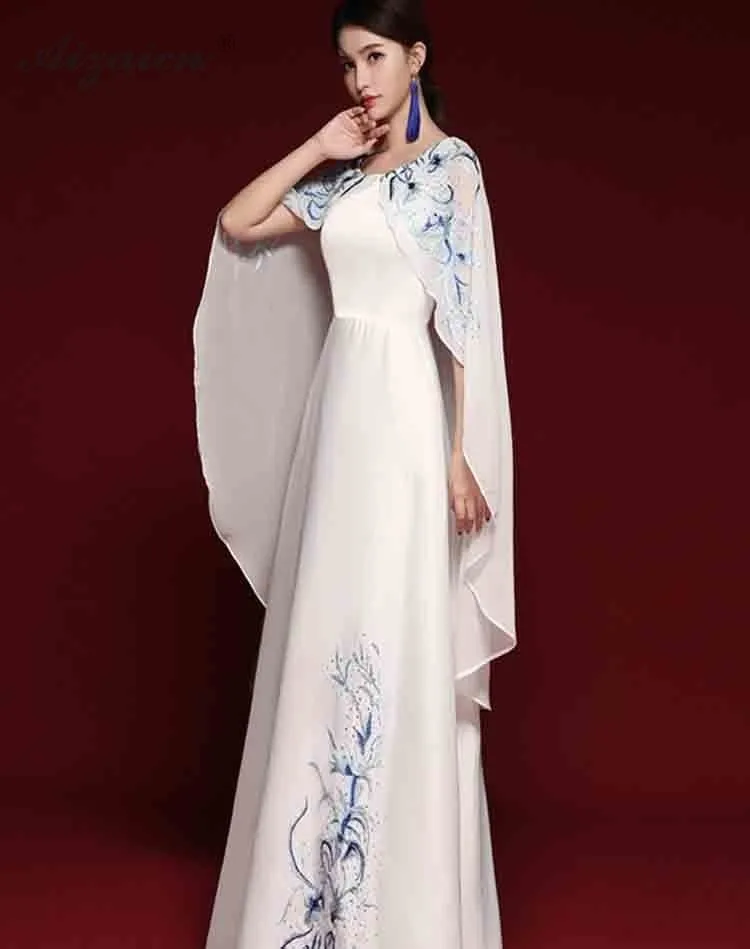 Новые модные синие белые длинные платья Cheongsam из шифона с вышивкой Qi Pao, женское традиционное платье на одно плечо, платье Qipao