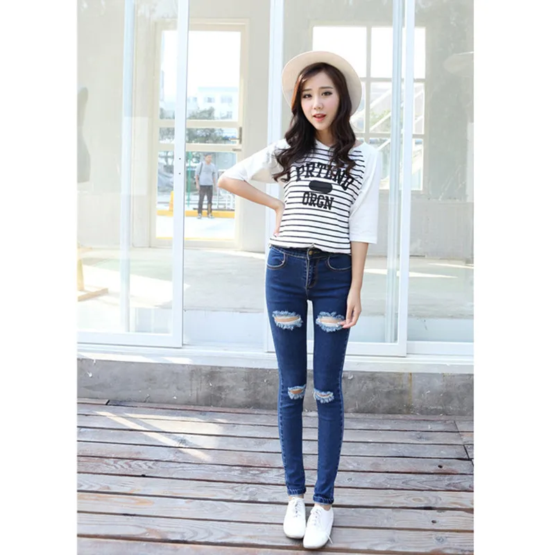Vmay 2019 New Arrival Women Fashion Spring Summer Denim Pants Destroyed Knee Pencil |