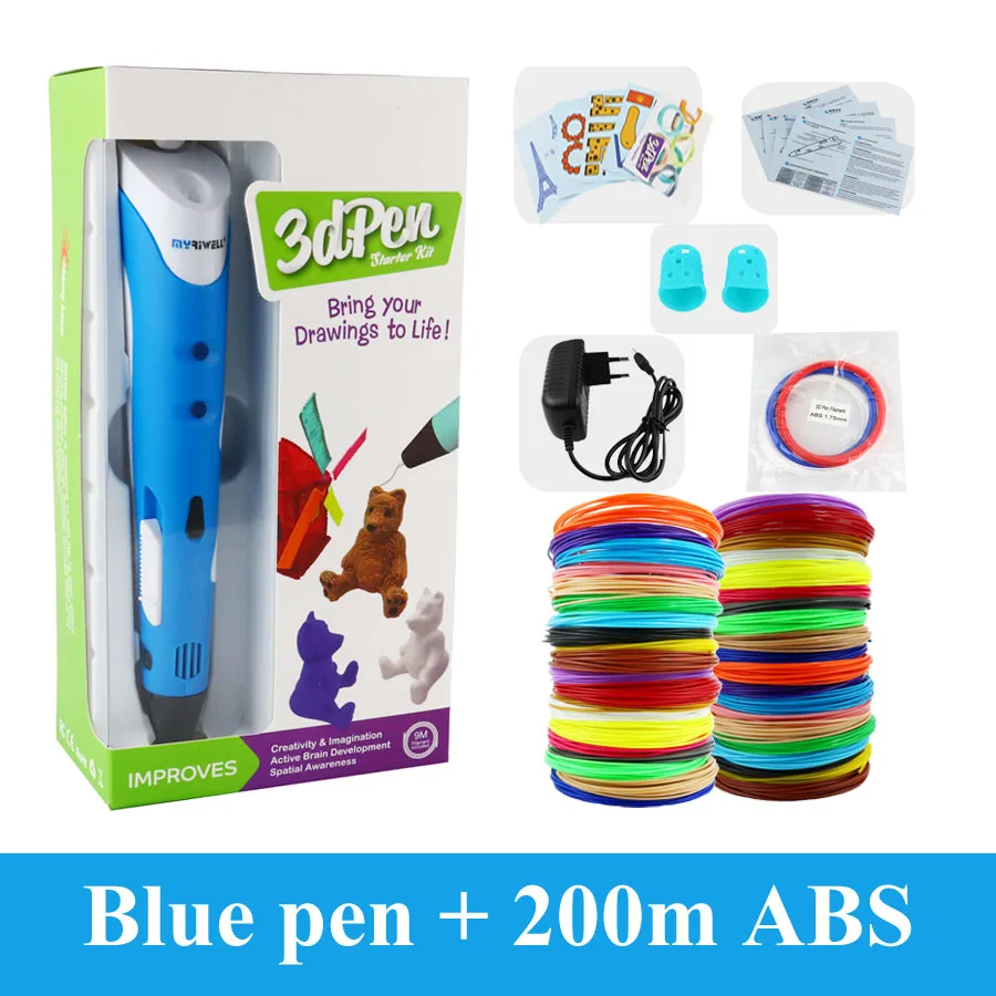 Blue with 200m ABS Myriwell 3D Ручка 25 м или 50 м или 100 м 1,75 мм ABS нить оригинальная DIY 3D ручка для печати 3D ручки для детей подарок 3D Ручка для рисования - Цвет: Blue with 200m ABS