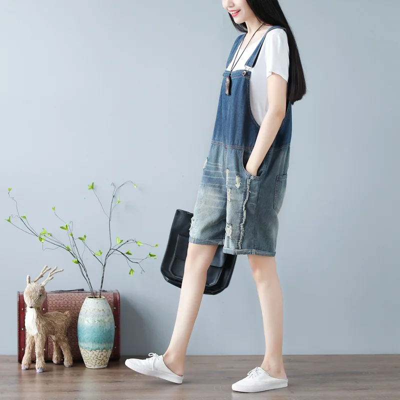 Vintage Loose Women Playsuits 2021 Summer Ripped Fashion Casual Denim Overalls Shorts Plus Size Wide Leg Female Suspender Jeans