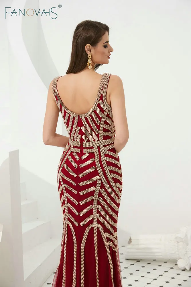 Бордовый бисер полосы вечерние платья роскошные Vestido de Festia золотые выпускного