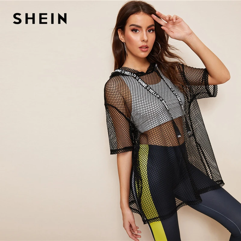 SHEIN, черный топ с капюшоном с буквенным принтом и сеткой, Длинный топ, женская летняя футболка с заниженным плечом, рукав до локтя, Повседневная Уличная футболка, топы